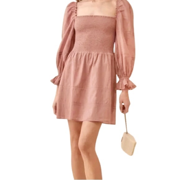 🎉HP🎉Reformation⭐️Dunes Smocked Puff Sleeves Mini Dress Square Neck Women's 12 - Picture 1 of 14